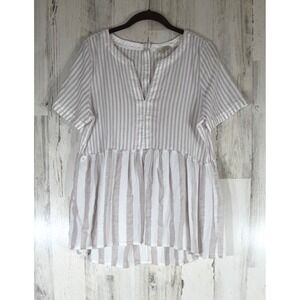 11 1 Tylho Beige White Striped Babydoll Blouse Top Size Small Cotton Notch Neck